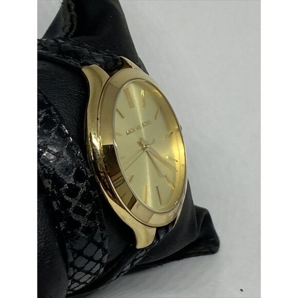 Michael Kors MK2315 Women Black Leather Analog Champagne Dial Quartz Watch XR514 - Picture 5 of 12